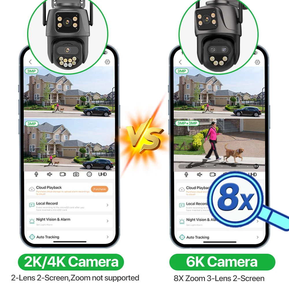 Cámara IP HD 6K 9MP para exteriores, cámara WiFi externa de tres lentes, pantalla dual 4K/2K, cámara de seguridad PTZ con seguimiento automático y vigilancia iCSee
