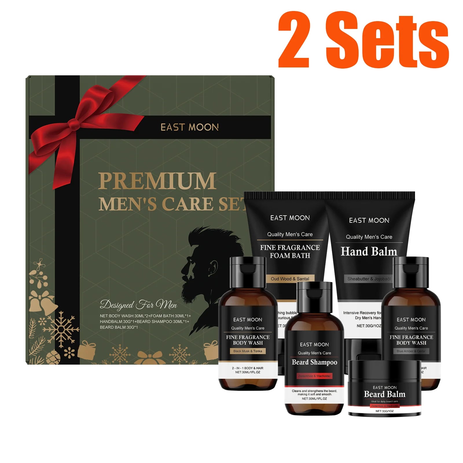 Set de cuidado personal para hombre: champú y bálsamo para barba, gel de ducha, bálsamo para manos. Set de regalo de Navidad para hombre. Caja de cuidado nutritivo para la piel.