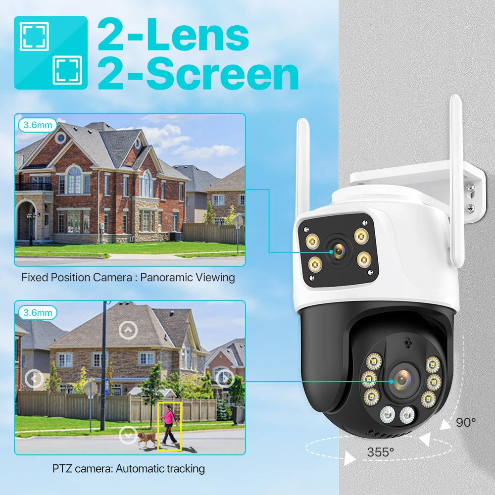 Cámara IP PTZ de tres lentes para exteriores, HD, con tres pantallas, WiFi, seguimiento automático y doble lente, CCTV inalámbrica iCsee