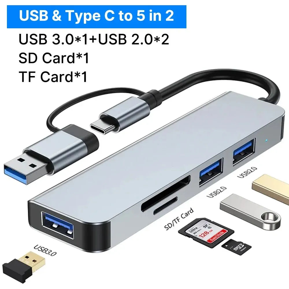 Hub USB-C 8 en 1 con 4 puertos USB, 1 conector USB-C, lector de tarjetas TF/SD y salida de audio de 3,5 mm para MacBook Pro, iPad Pro, iPhone 15 y portátiles.