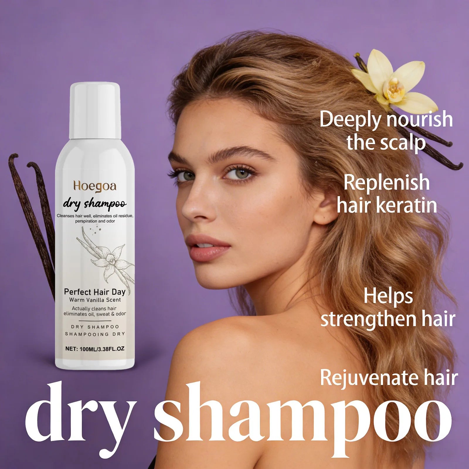 Spray capilar seco de vainilla: controla la grasa, deja el cabello esponjoso y ligero, aporta volumen, fortalece el cabello y nutre el cuero cabelludo. Champú seco sin enjuague.