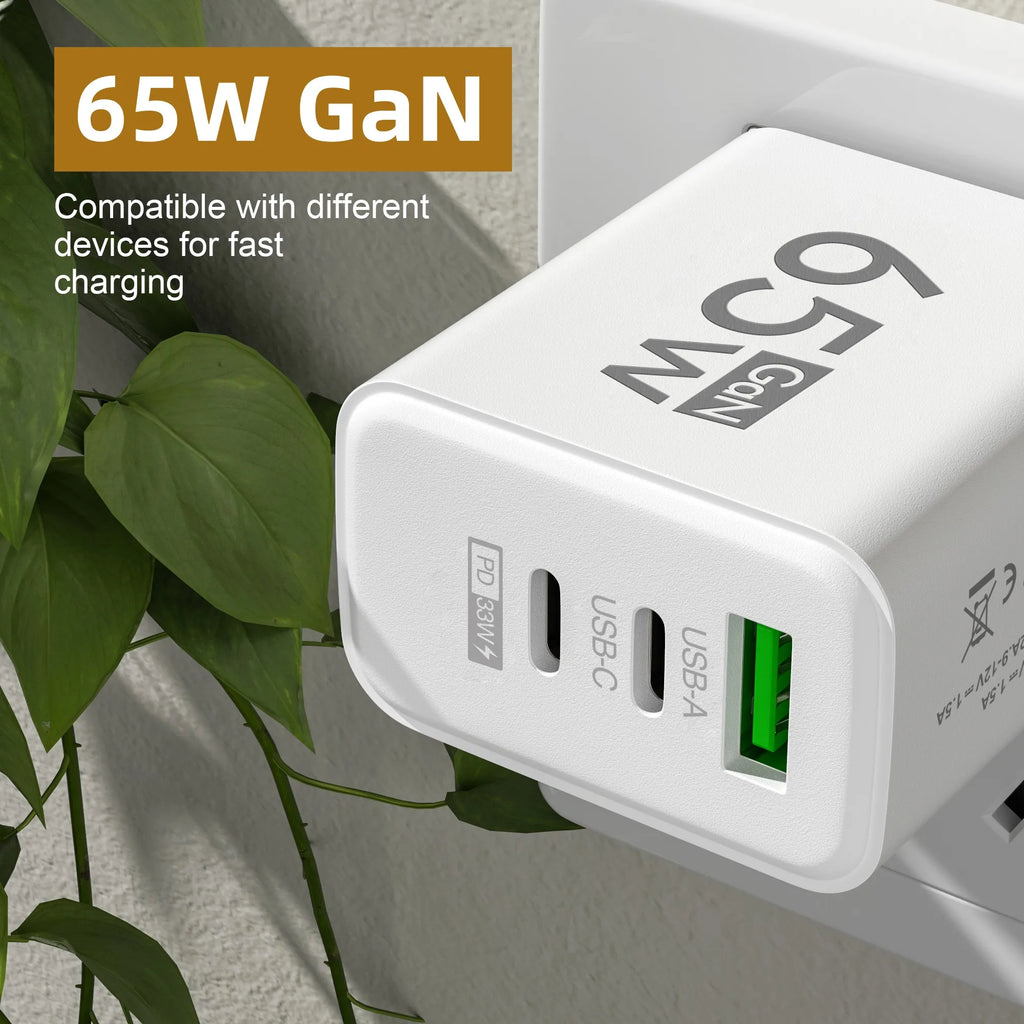 Cargador rápido GaN PD 3 en 1 para iPhone 15, Samsung, Huawei y Xiaomi: adaptador de carga rápida con puertos USB tipo C y USB.