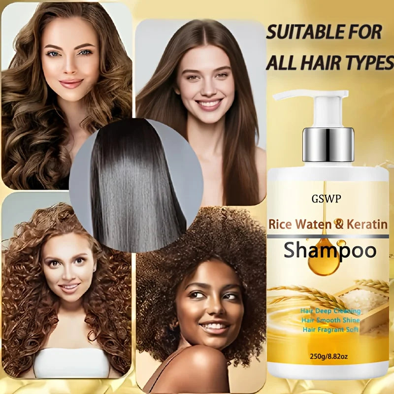 Champú de queratina con agua de arroz GSWP: repara profundamente y deja el cabello suave y brillante, reduciendo los enredos y las puntas abiertas. 250/500 g