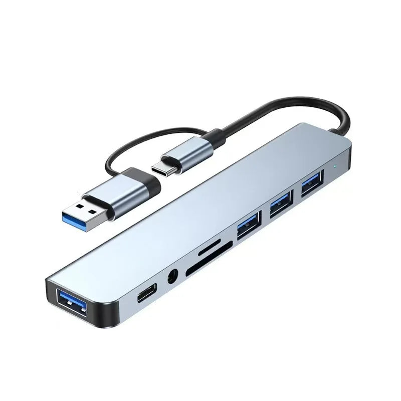 Hub USB-C 8 en 1 con 4 puertos USB, 1 conector USB-C, lector de tarjetas TF/SD y salida de audio de 3,5 mm para MacBook Pro, iPad Pro, iPhone 15 y portátiles.
