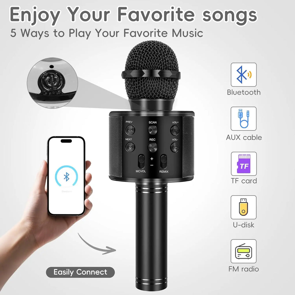 Micrófono de karaoke inalámbrico Bluetooth para niños y adultos, altavoz portátil 5 en 1 con radio FM y grabadora.