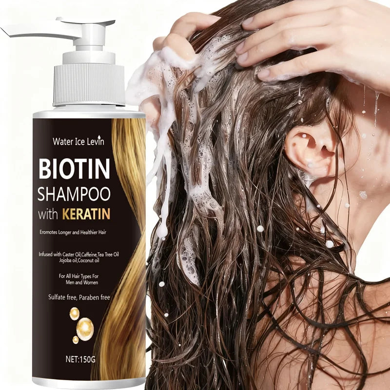 Champú Water Ice Levin con biotina y queratina, sin sulfatos ni parabenos, con aceites nutritivos, para un cabello más largo y saludable, apto para todo tipo de cabello.