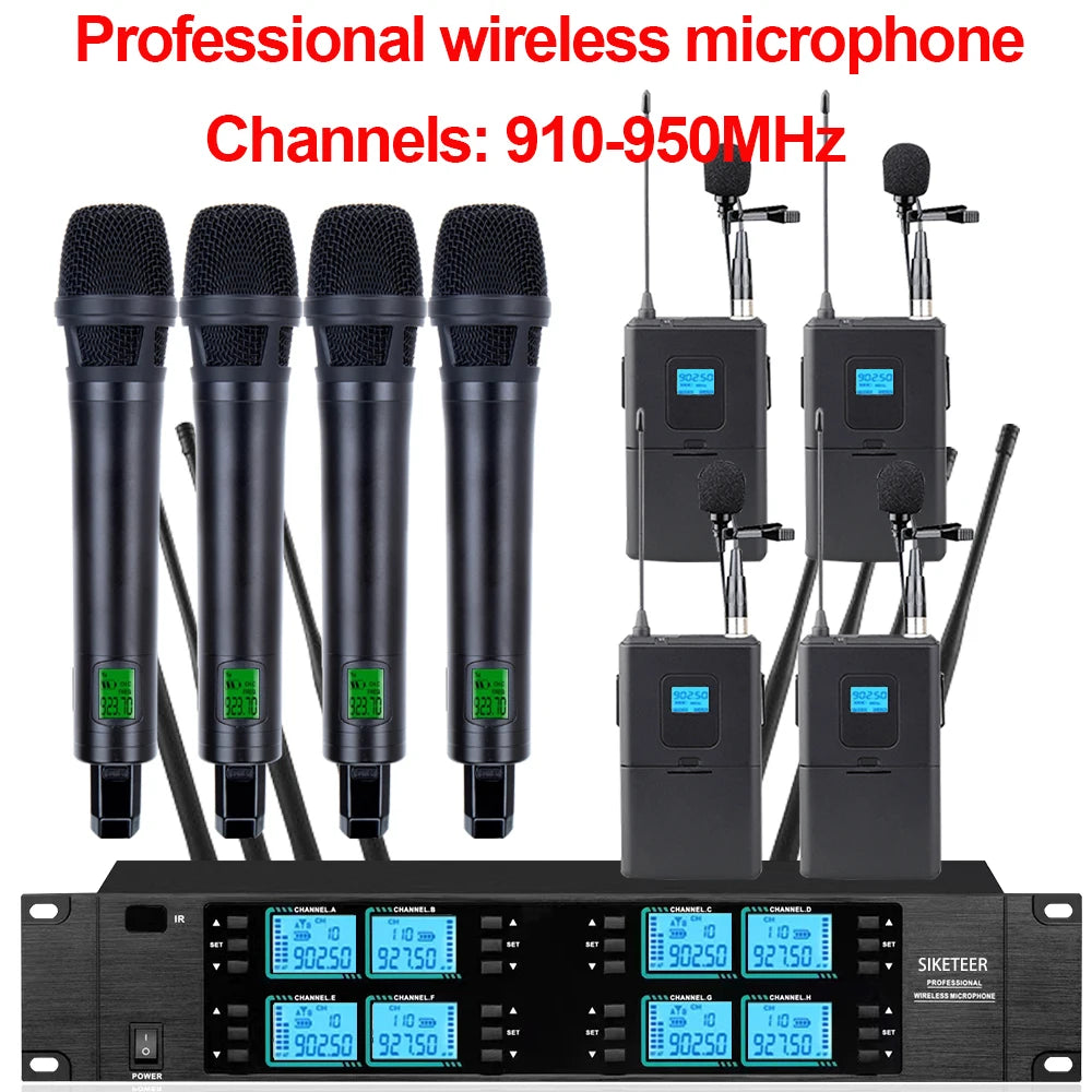 Micrófono inalámbrico de 8 canales, 910-950 MHz, de mano, ideal para bodas, iglesias y actuaciones en escenarios.