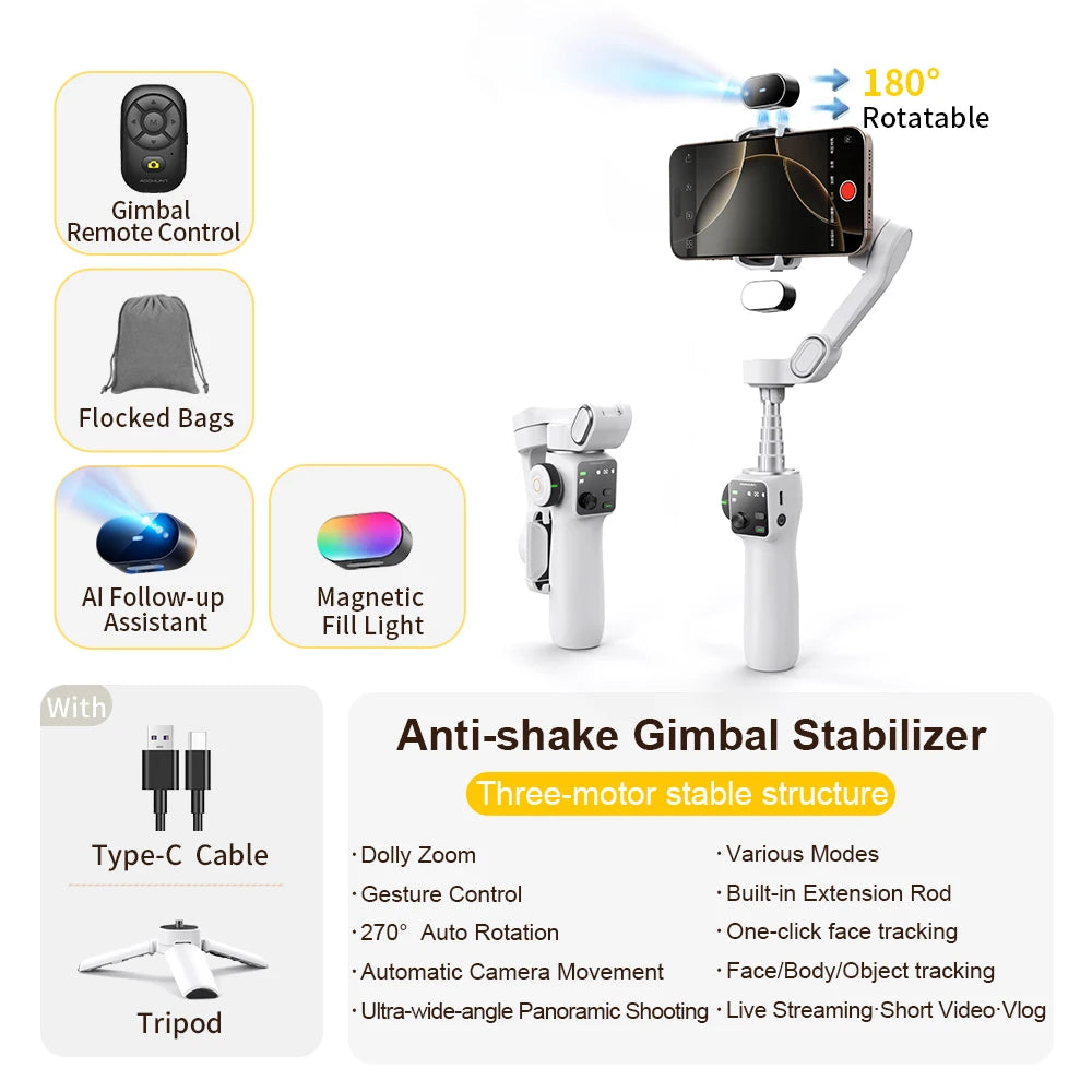 Estabilizador de cardán de mano de 3 ejes AOCHUAN Smart V8 con trípode de extensión y seguimiento facial para iPhone y Android, ideal para transmisiones en vivo y vlogs.