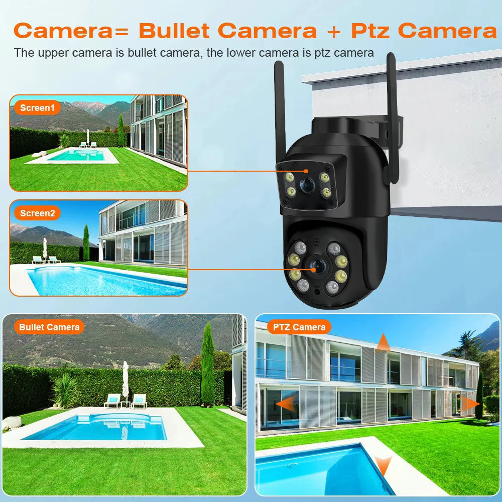 Cámara PTZ Wifi de 8MP 4K con doble lente y doble pantalla, detección humana por IA, cámara de seguridad IP CCTV inalámbrica para exteriores.