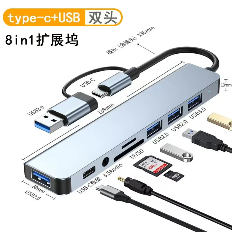 Hub USB-C 8 en 1 con 4 puertos USB, 1 conector USB-C, lector de tarjetas TF/SD y salida de audio de 3,5 mm para MacBook Pro, iPad Pro, iPhone 15 y portátiles.