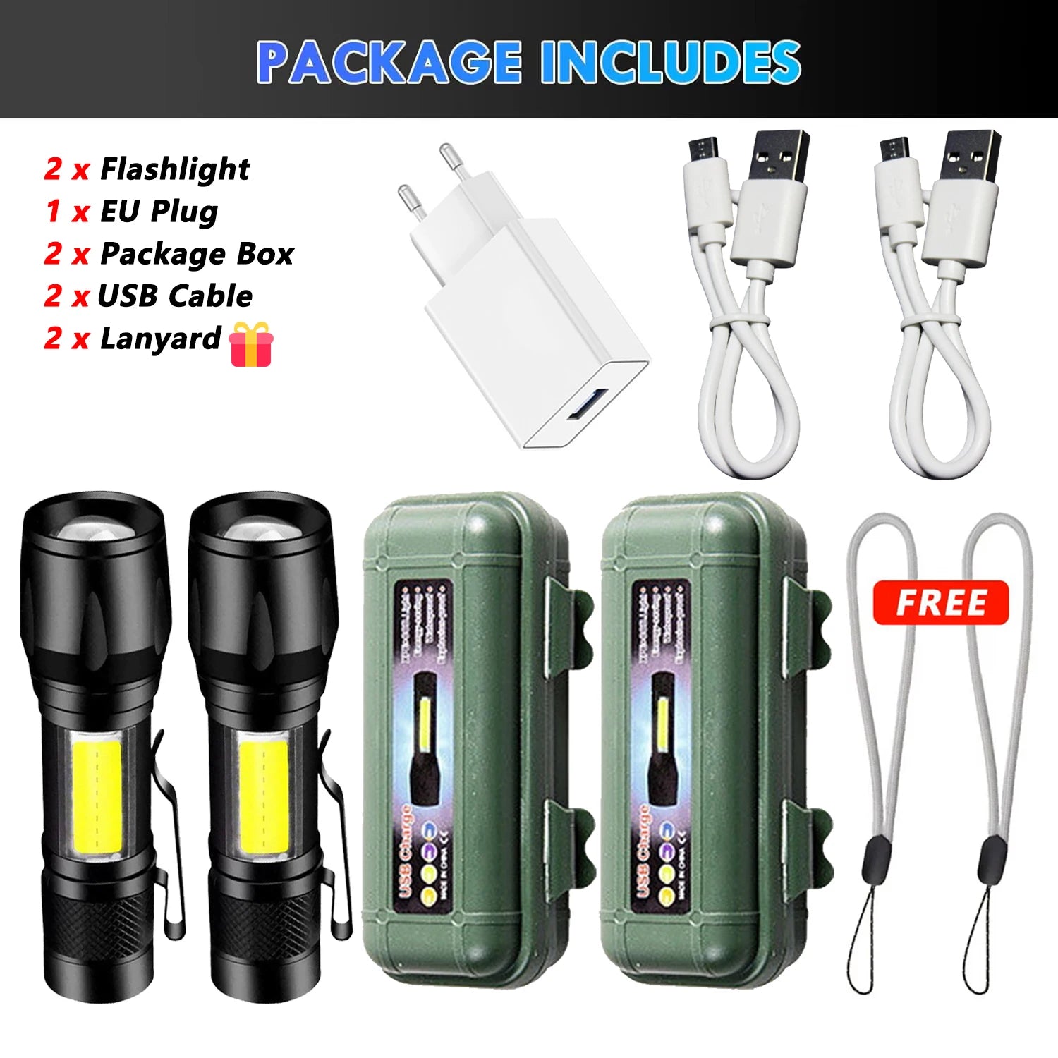 Linterna LED de alta potencia de 2000 lúmenes, linterna táctica con luz de visualización, carga USB, ideal para camping, pesca y emergencias.