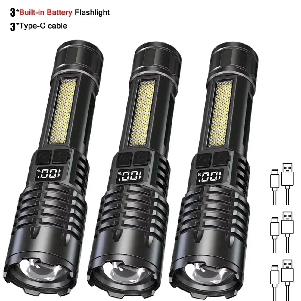 Linterna LED de alta potencia, potente, recargable mediante USB tipo C, con luz lateral, ideal para acampar y hacer senderismo al aire libre.