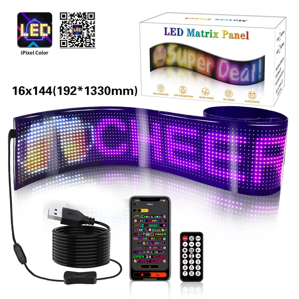 Letrero LED para automóvil, panel de matriz LED flexible de 5 V, letreros de luz LED USB para automóvil, Bluetooth Smart APP, pantalla RGB desplazable, tablero de mensajes