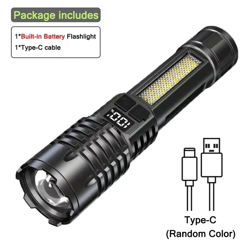 Linterna LED de alta potencia, potente, recargable mediante USB tipo C, con luz lateral, ideal para acampar y hacer senderismo al aire libre.