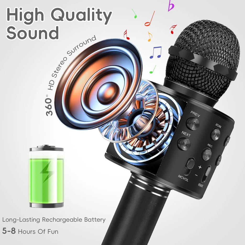 Micrófono de karaoke inalámbrico Bluetooth para niños y adultos, altavoz portátil 5 en 1 con radio FM y grabadora.