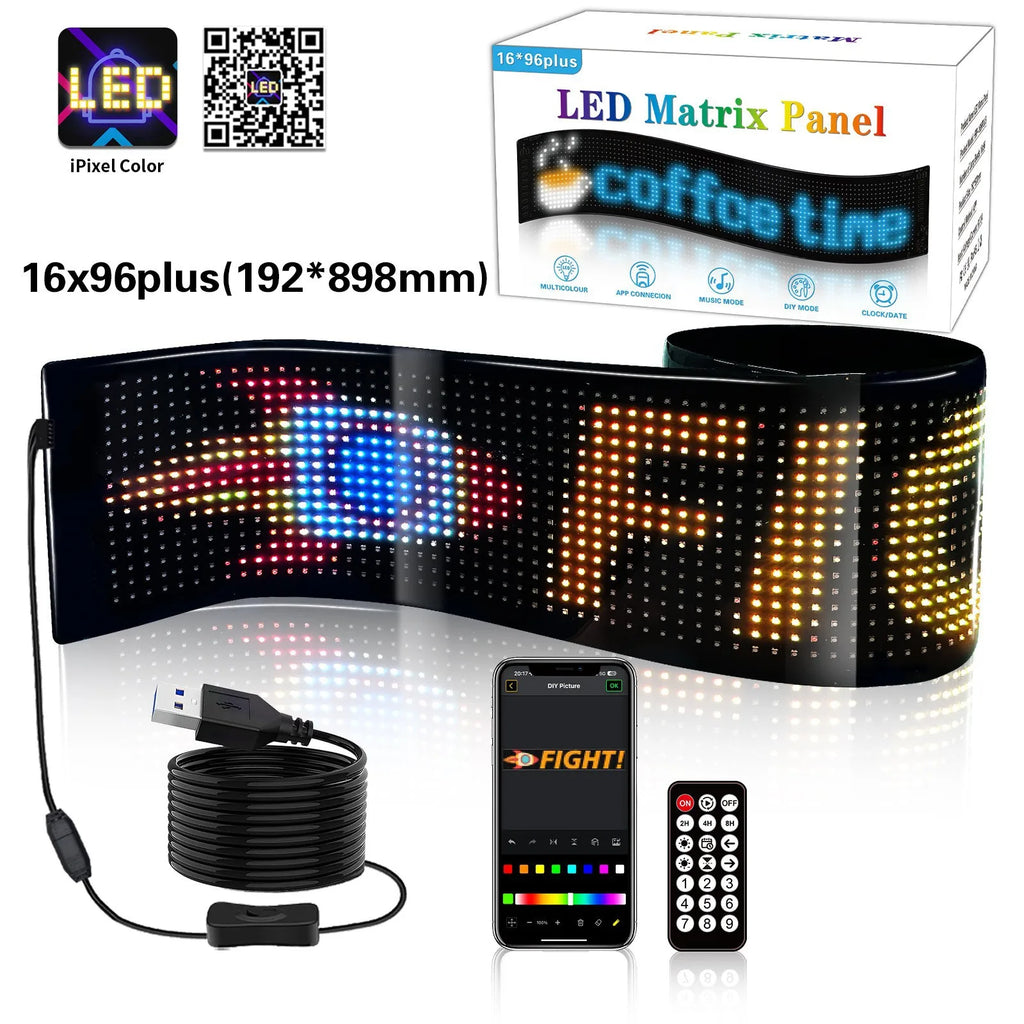 Letrero LED para automóvil, panel de matriz LED flexible de 5 V, letreros de luz LED USB para automóvil, Bluetooth Smart APP, pantalla RGB desplazable, tablero de mensajes