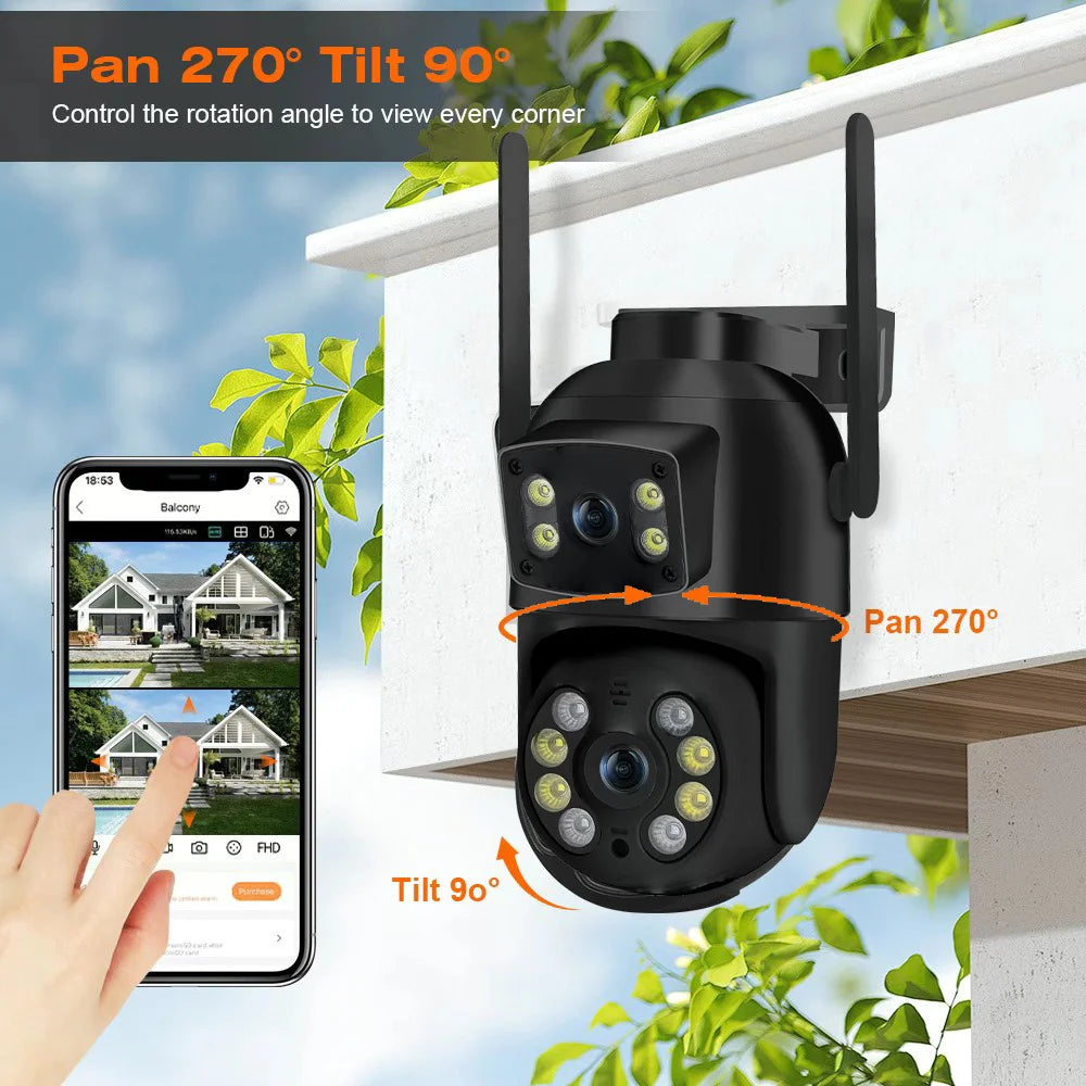 Cámara PTZ Wifi de 8MP 4K con doble lente y doble pantalla, detección humana por IA, cámara de seguridad IP CCTV inalámbrica para exteriores.