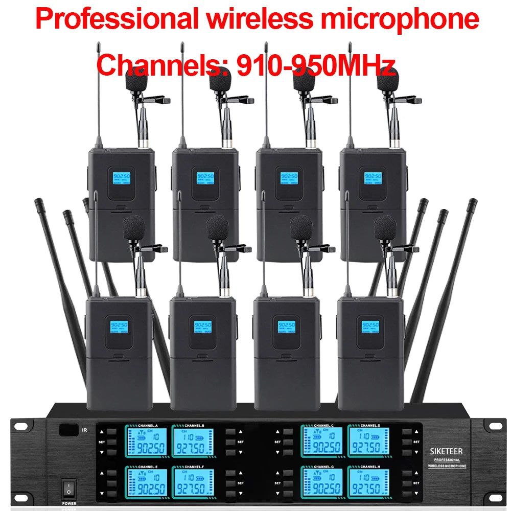 Micrófono inalámbrico de 8 canales, 910-950 MHz, de mano, ideal para bodas, iglesias y actuaciones en escenarios.