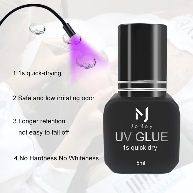 Pegamento profesional para extensiones de pestañas UV JOMAY, secado rápido en 0,1 s, fijación fuerte, bajo olor, adhesivo no irritante para técnicos de pestañas de salón.