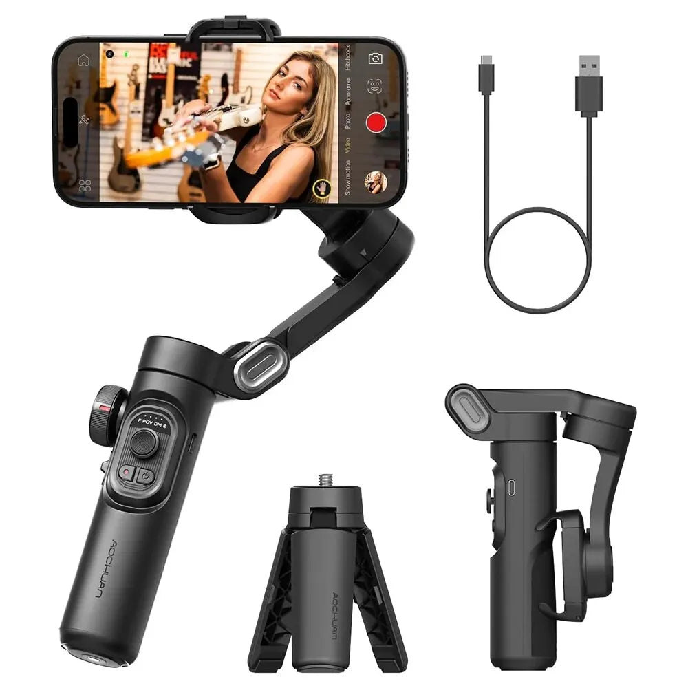 Estabilizador de cardán de mano de 3 ejes AOCHUAN SmartXE para smartphones iPhone y Android con seguimiento facial mediante IA para TikTok y vlogs.