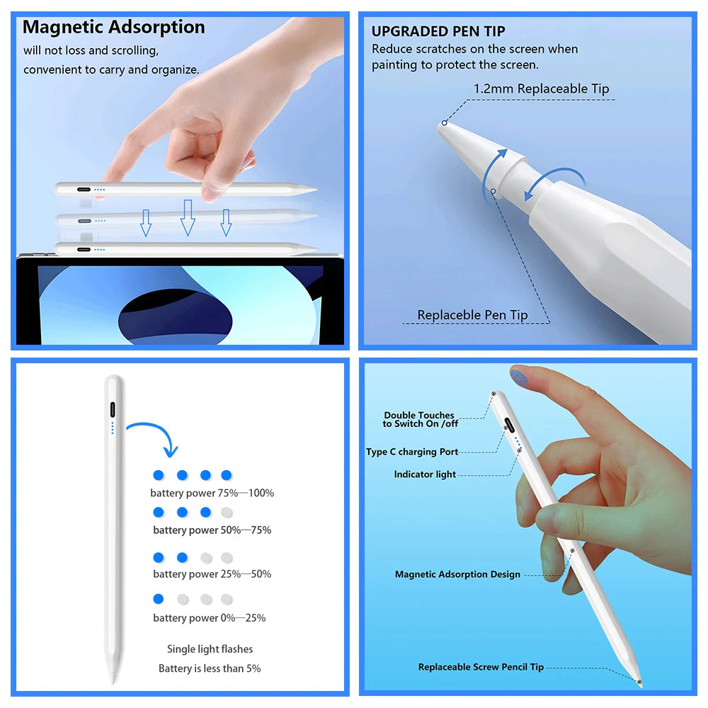 Lápiz óptico para Apple Pencil con indicadores LED de encendido y rechazo de palma. Lápiz táctil para iPad 2025, 2022, 2021, 2020, 2019 y 2018.