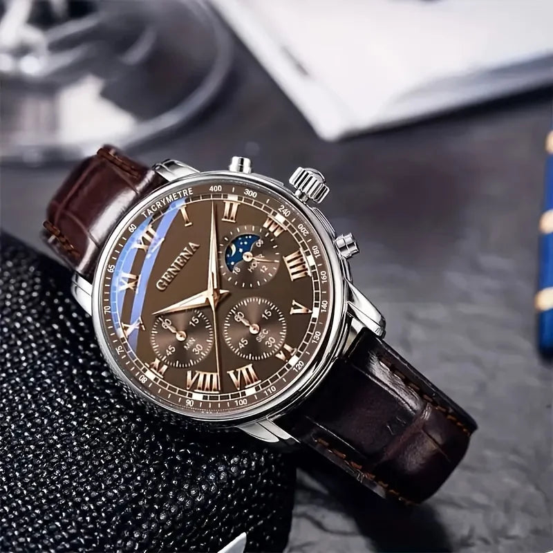 Reloj de pulsera analógico de cuarzo para hombre, de lujo, con correa de cuero y esfera redonda.