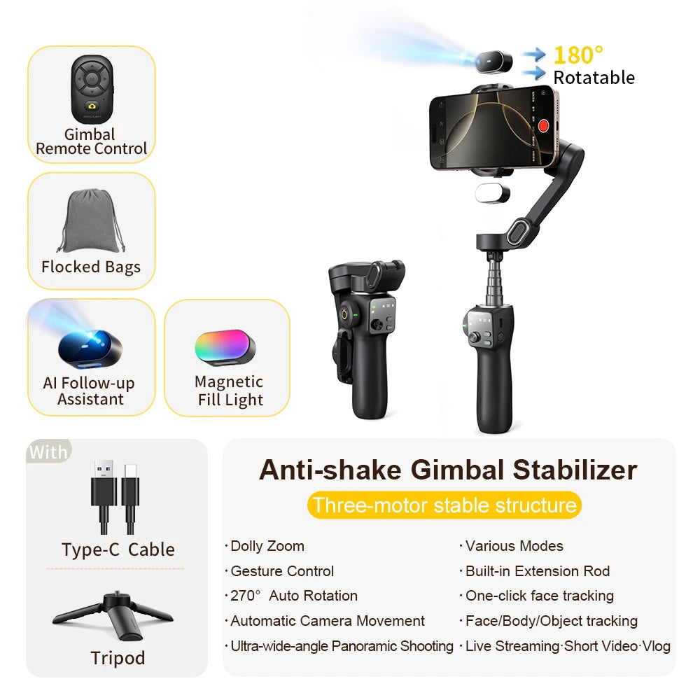 Estabilizador de cardán de mano de 3 ejes AOCHUAN Smart V8 con trípode de extensión y seguimiento facial para iPhone y Android, ideal para transmisiones en vivo y vlogs.