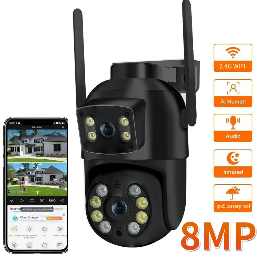 Cámara PTZ Wifi de 8MP 4K con doble lente y doble pantalla, detección humana por IA, cámara de seguridad IP CCTV inalámbrica para exteriores.