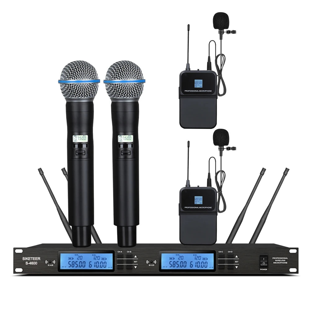 Micrófono inalámbrico UHF profesional, de mano, tipo solapa, con carcasa metálica, ideal para bodas y escenarios.
