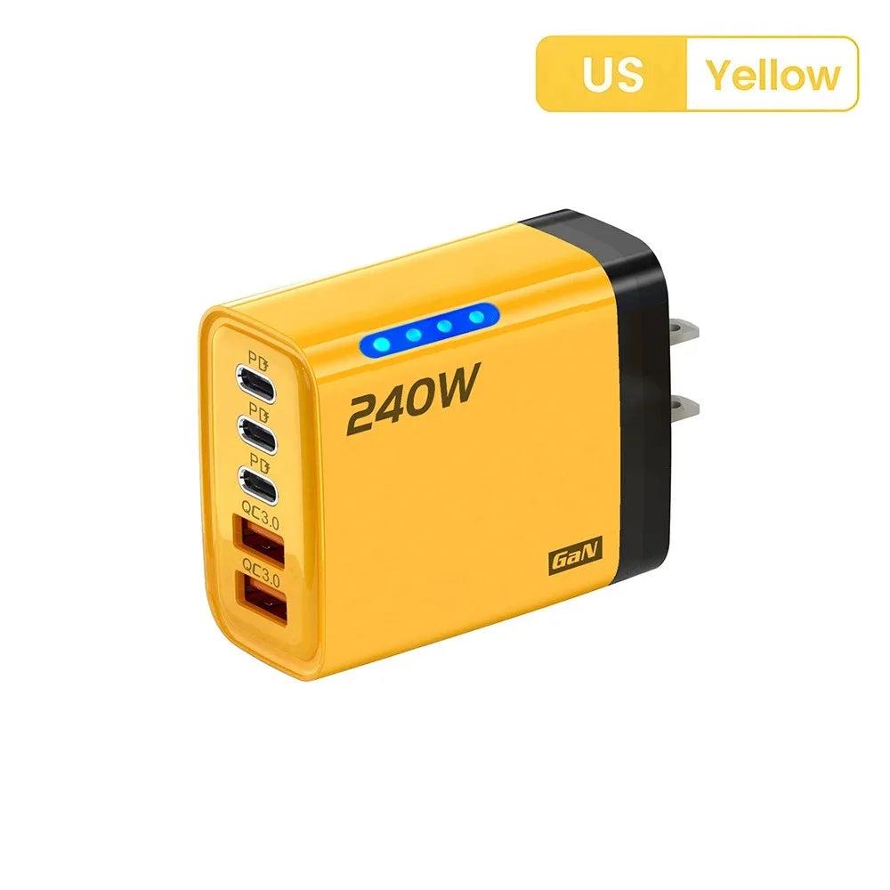 Cargador USB C GaN de 240 W, 5 en 1, cargador de teléfono de carga rápida, adaptador de corriente para iPhone, Samsung, Xiaomi, tipo C, enchufe UE/EE. UU.