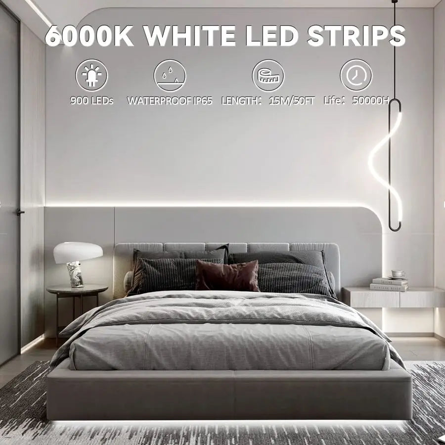 Tiras de luces LED impermeables, luz blanca diurna de 6000K IP44, tira de luz de 15M 12V con fuerte adhesivo 3M, para el hogar, cocina, patio.