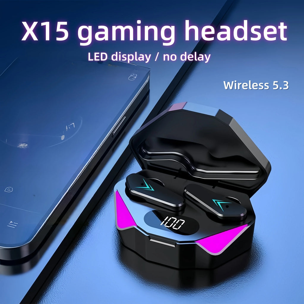 Auriculares para juegos con pantalla LED, auriculares inalámbricos Bluetooth X15 TWS con control táctil y micrófono para PC y teléfonos móviles.