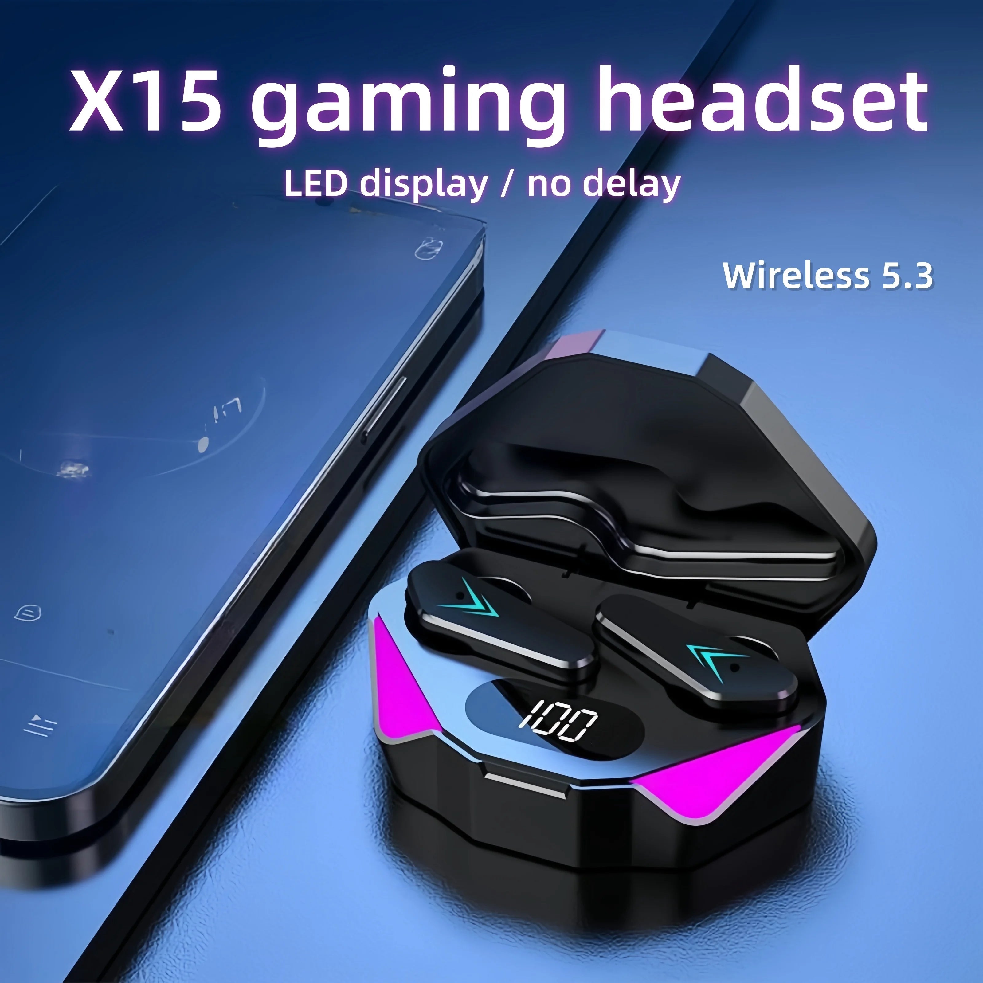 Auriculares para juegos con pantalla LED, auriculares inalámbricos Bluetooth X15 TWS con control táctil y micrófono para PC y teléfonos móviles.