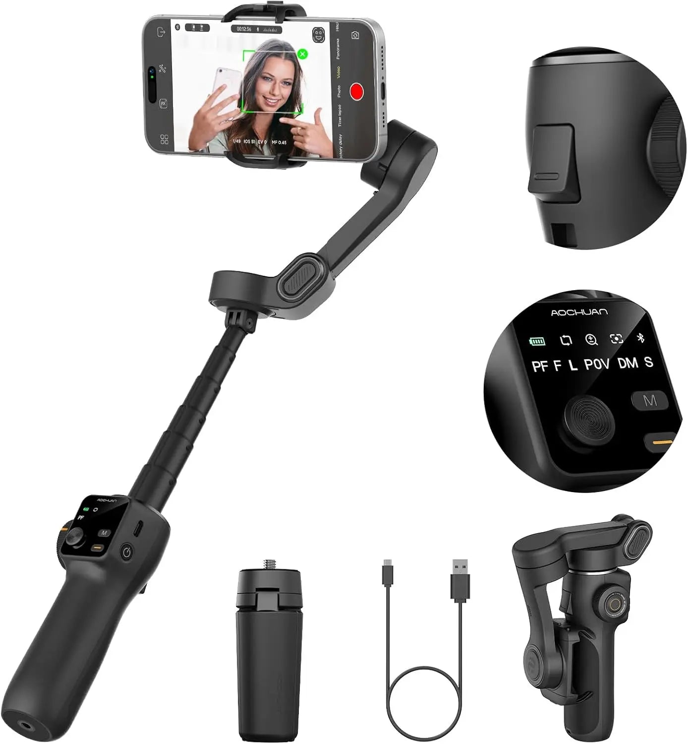 Estabilizador de cardán de mano de 3 ejes AOCHUAN Smart V8 con trípode de extensión y seguimiento facial para iPhone y Android, ideal para transmisiones en vivo y vlogs.