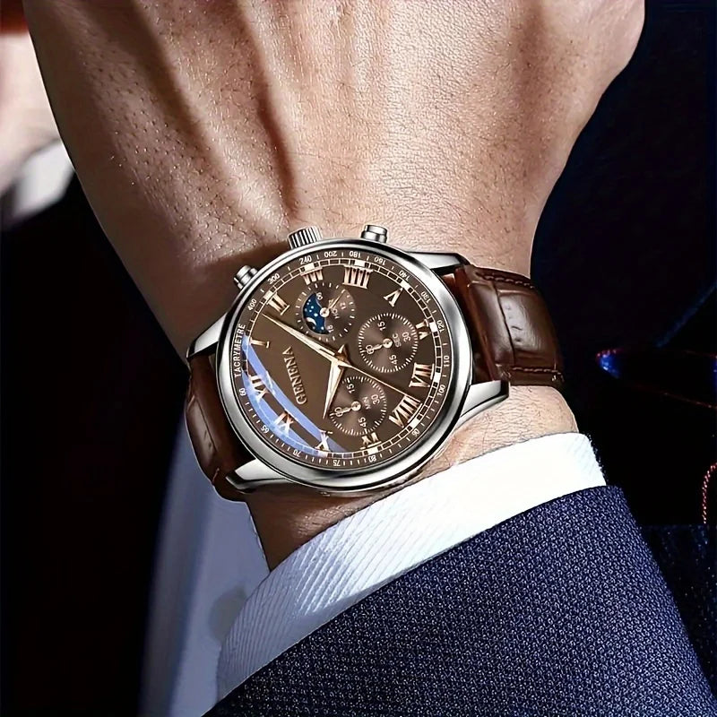 Reloj de pulsera analógico de cuarzo para hombre, de lujo, con correa de cuero y esfera redonda.