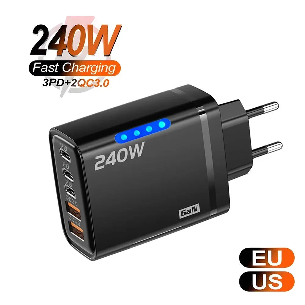 Cargador USB C GaN de 240 W, 5 en 1, cargador de teléfono de carga rápida, adaptador de corriente para iPhone, Samsung, Xiaomi, tipo C, enchufe UE/EE. UU.