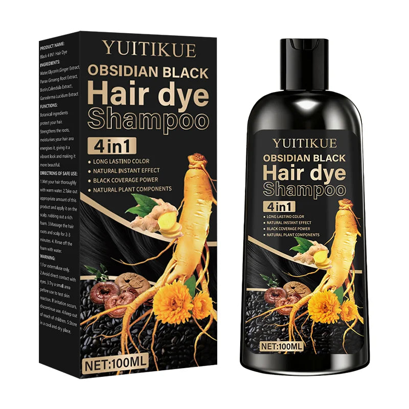 Champú tinte para el cabello negro obsidiana 4 en 1, color duradero, efecto natural instantáneo, cobertura negra, ingredientes vegetales naturales.
