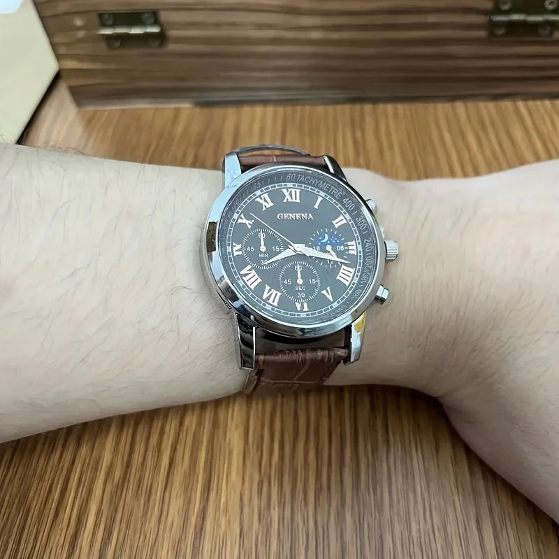 Reloj de pulsera analógico de cuarzo para hombre, de lujo, con correa de cuero y esfera redonda.