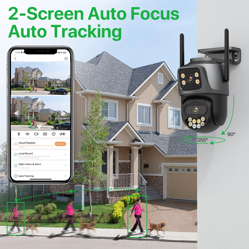 Cámara IP HD 6K 9MP para exteriores, cámara WiFi externa de tres lentes, pantalla dual 4K/2K, cámara de seguridad PTZ con seguimiento automático y vigilancia iCSee