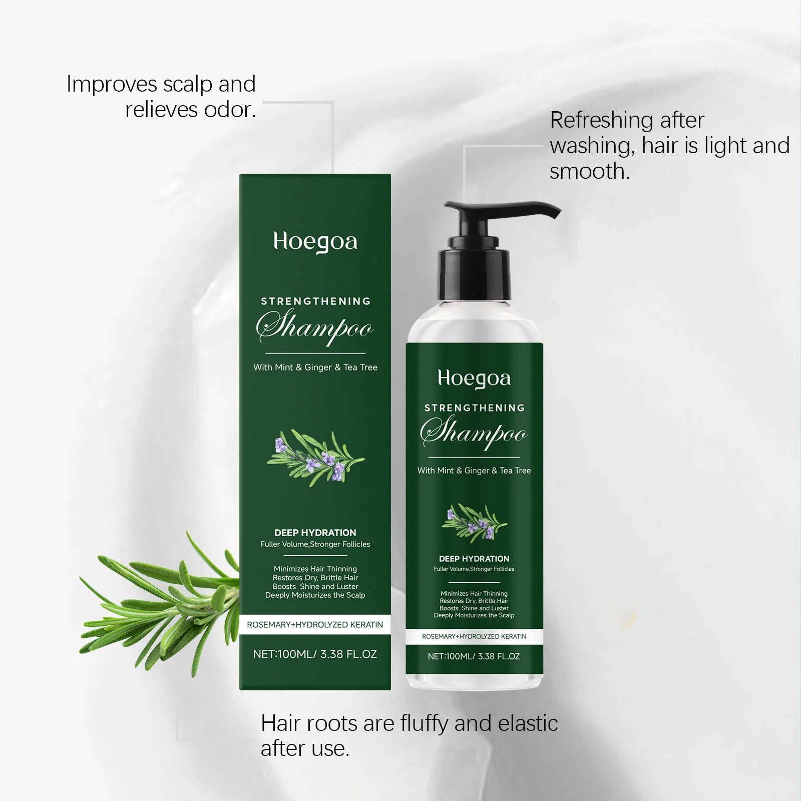 Champú de romero, menta, jengibre y aceite de árbol de té para el cuero cabelludo. Nutre el cabello, aporta volumen, limpia profundamente y refresca. Cuidado capilar natural de uso diario.