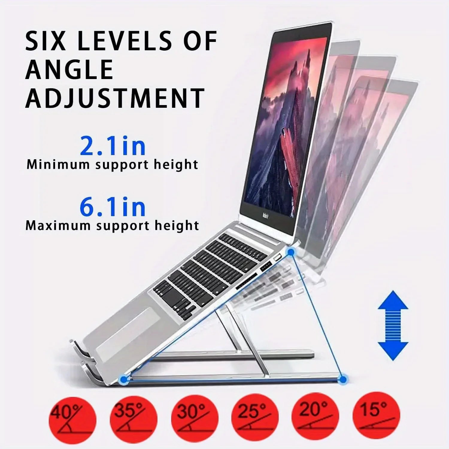 Soporte ajustable de aluminio para portátil: 6 niveles de altura, diseño plegable y portátil para portátiles de 8 a 16 pulgadas, ventilación y disipación de calor mejoradas.