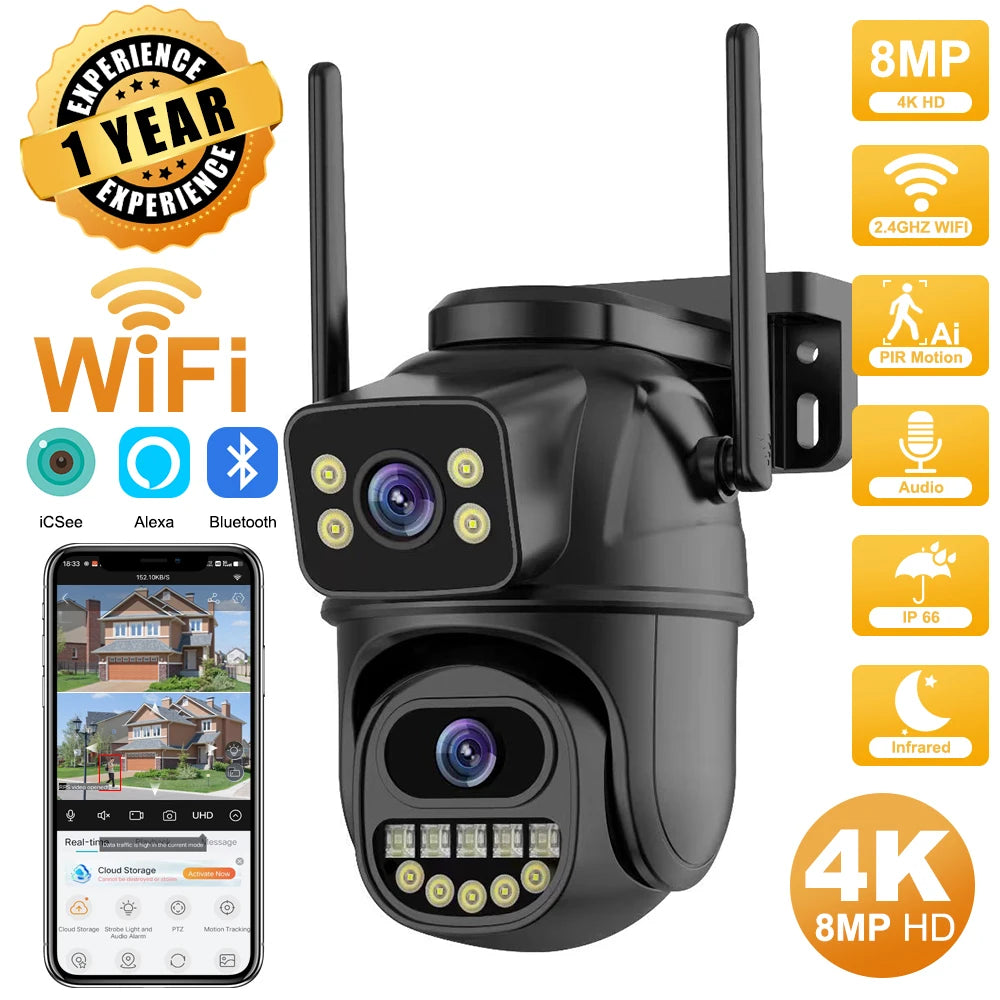 Cámara PTZ Wifi HD 4K de 8 MP para exteriores, doble lente de 4 MP, doble pantalla, IA, seguimiento automático, cámara IP, CCTV, audio y videovigilancia P2P iCSee