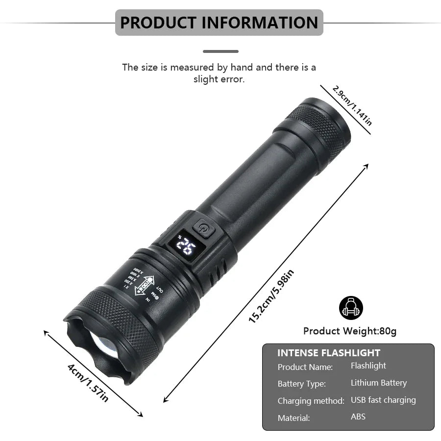 Linterna LED de alta potencia de 2000 lúmenes, linterna táctica con luz de visualización, carga USB, ideal para camping, pesca y emergencias.