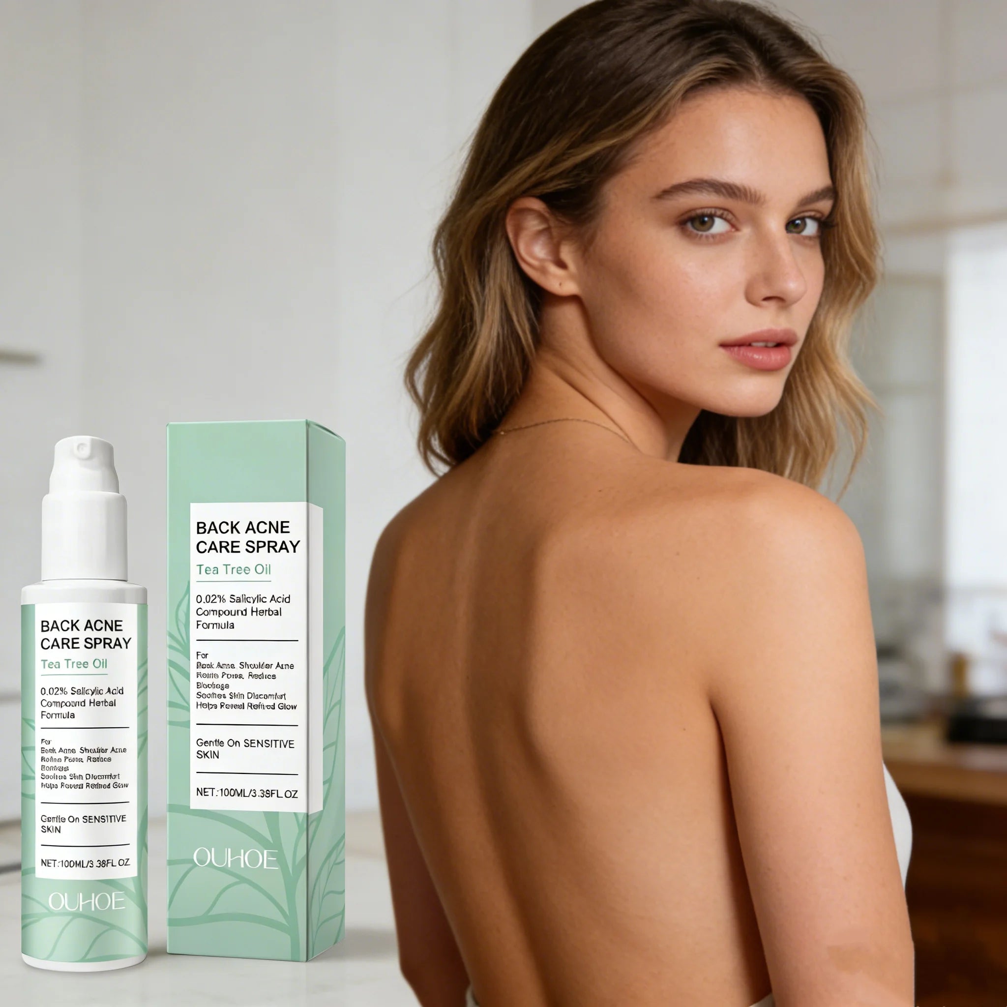 Spray para el acné de espalda con ácido salicílico y aceite natural de árbol de té. Limpia, reduce los poros, controla la grasa, repara y elimina las marcas de acné. Spray para el cuidado de la piel corporal.