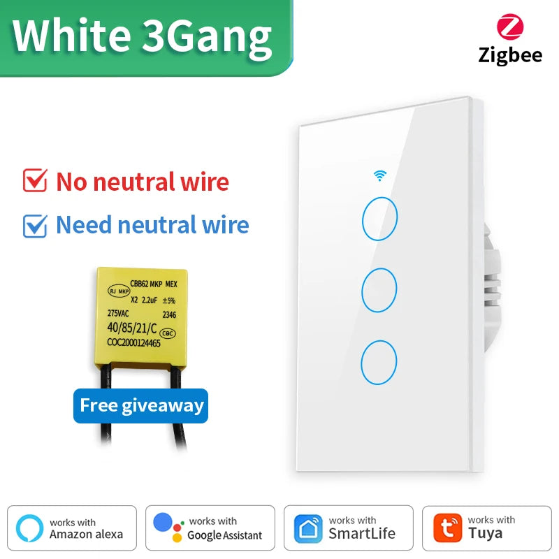 Interruptor de luz inteligente TNCE Tuya WiFi/Zigbee, con o sin cable neutro, interruptor táctil de pared compatible con Alexa y Google Home.