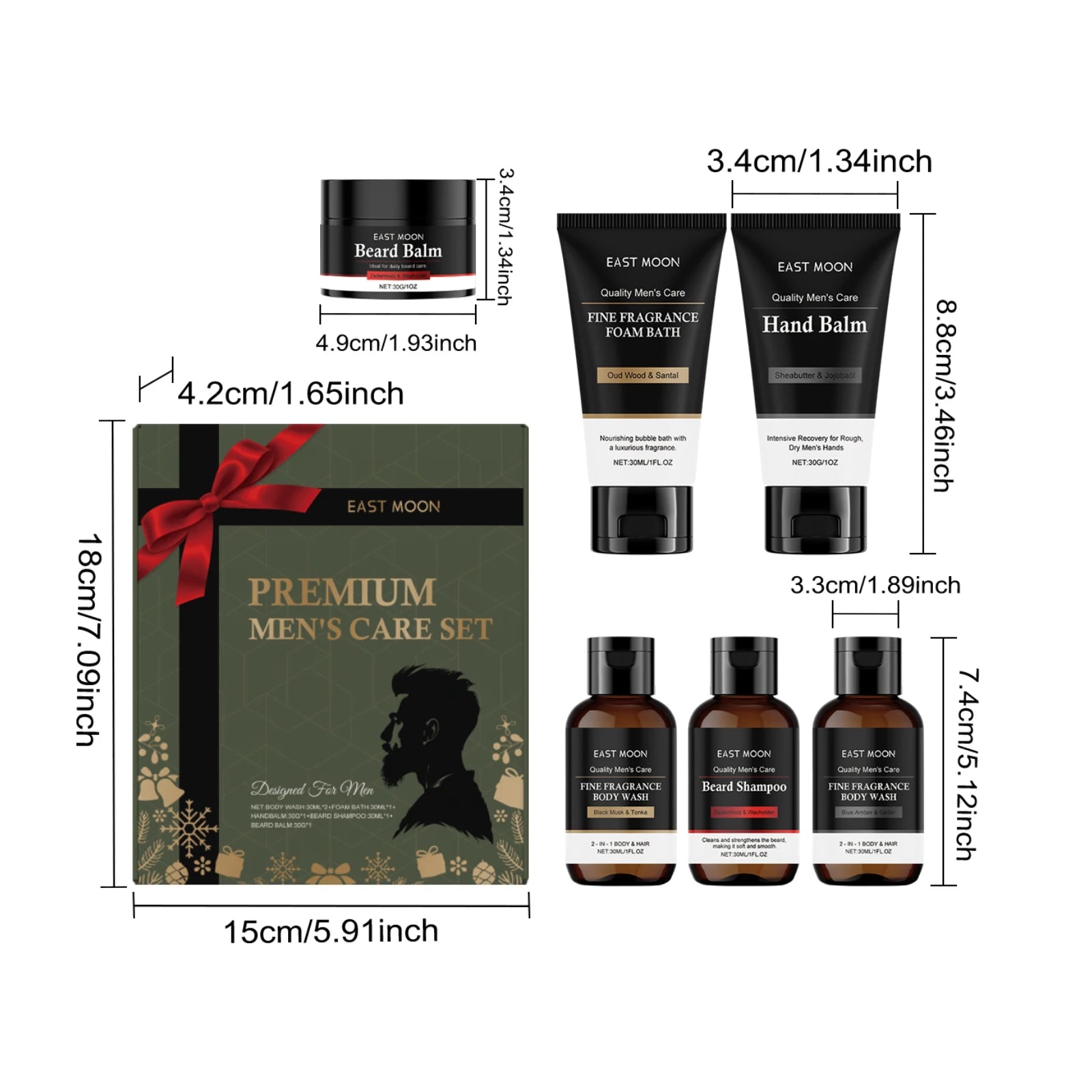 Set de cuidado personal para hombre: champú y bálsamo para barba, gel de ducha, bálsamo para manos. Set de regalo de Navidad para hombre. Caja de cuidado nutritivo para la piel.