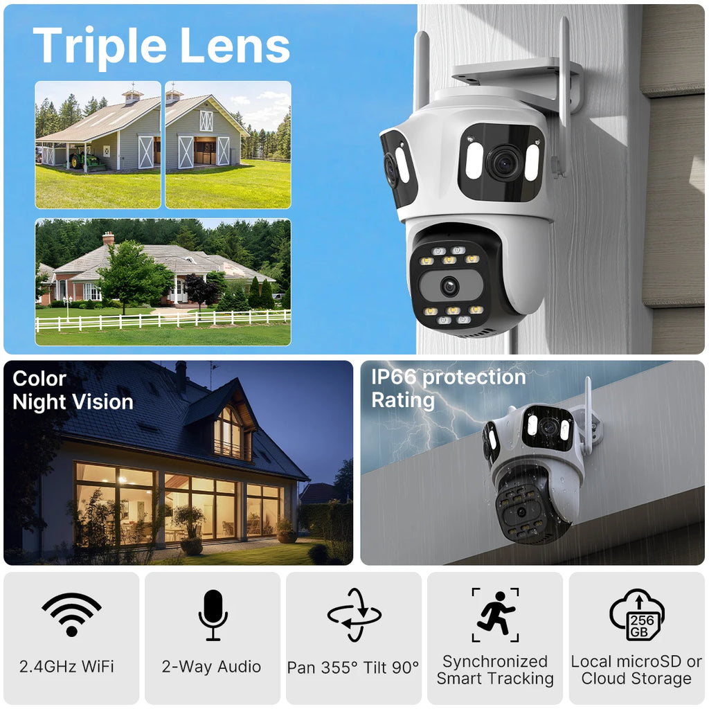 Cámara IP PTZ de tres lentes para exteriores, HD, con tres pantallas, WiFi, seguimiento automático y doble lente, CCTV inalámbrica iCsee