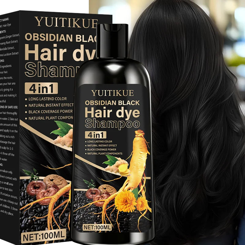 Champú tinte para el cabello negro obsidiana 4 en 1, color duradero, efecto natural instantáneo, cobertura negra, ingredientes vegetales naturales.