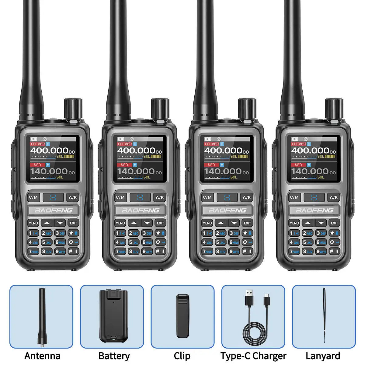 Paquete de 4 walkie-talkies BAOFENG UV-5R MINI Bluetooth programables, radioaficionados, portátiles, de largo alcance, tipo C, doble PTT, multibanda.