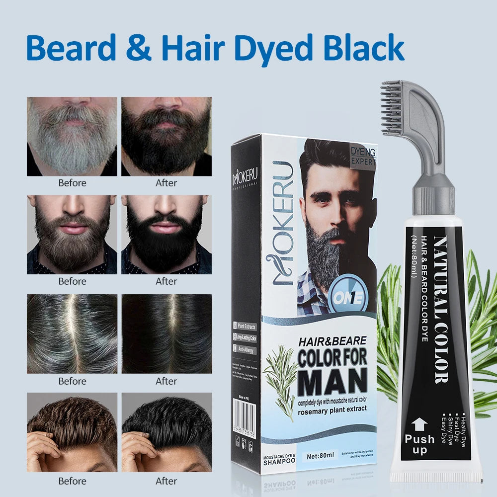 1 juego de crema para teñir la barba negra en 3 minutos con peine, 80 ml, champú de romero natural para teñir la barba negra, crema de tinte instantáneo para el cabello.